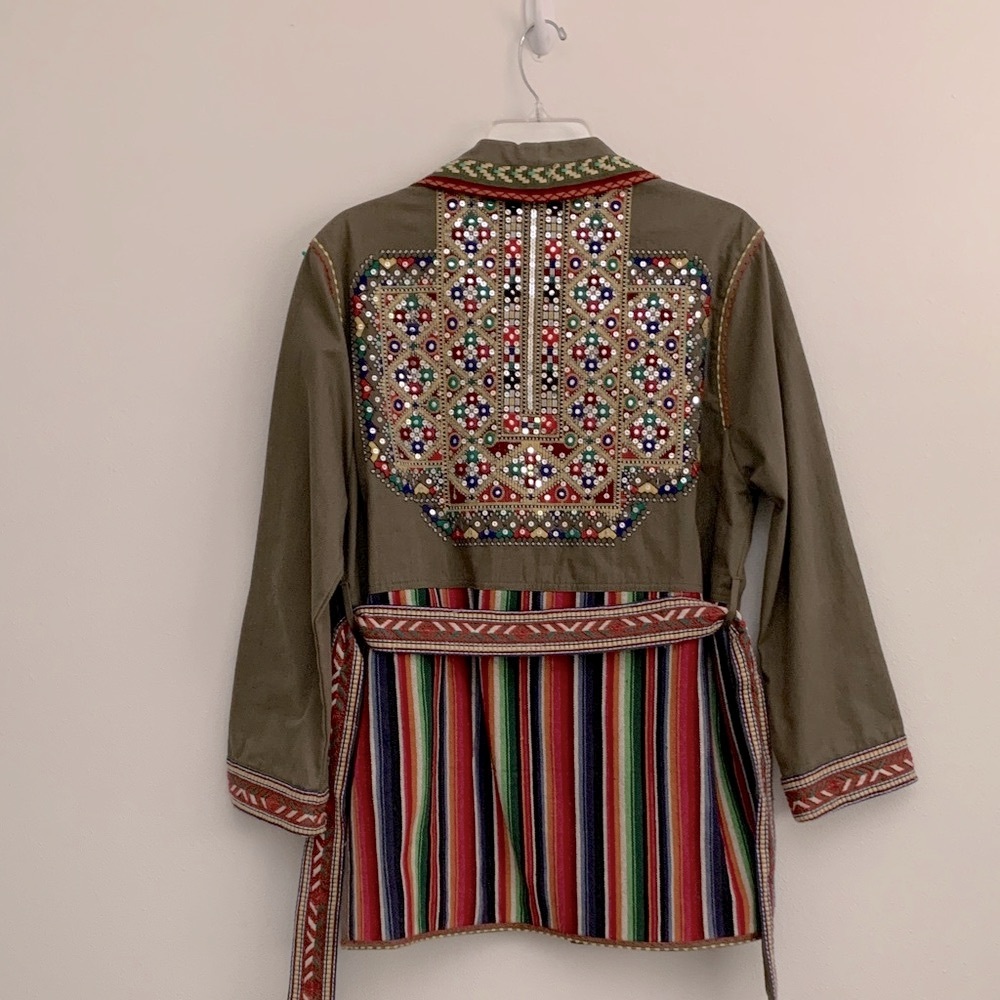 ZARA Olive Utility Jacket with Colorful Embroidery Mirrored& Mirrored Beading